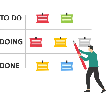 Les gens d'affaires examinent les progrès du projet sur le tableau Kanban  Illustration