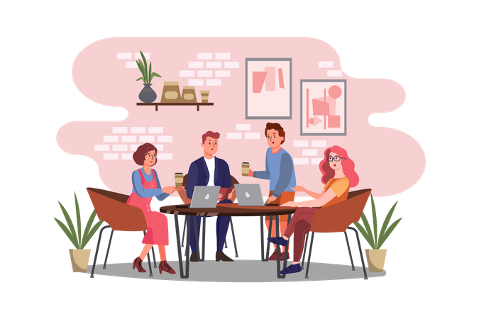 Hommes d'affaires travaillant assis dans un café  Illustration