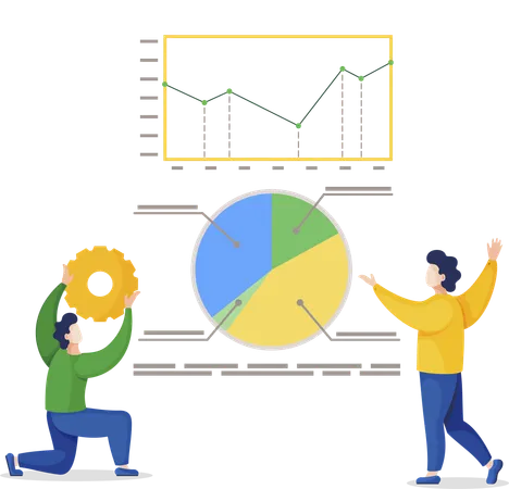 Des hommes se tiennent près d'un tableau avec des diagrammes de données analytiques  Illustration