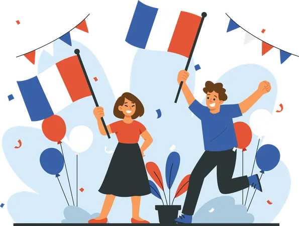Hommes et femmes célèbrent le jour de l'indépendance de la France  Illustration