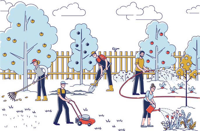 Hommes et femmes travaillant sur le jardin  Illustration