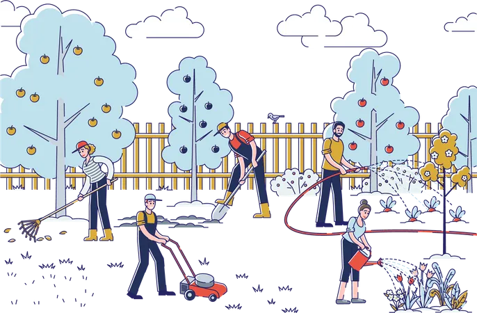 Hommes et femmes travaillant sur le jardin  Illustration