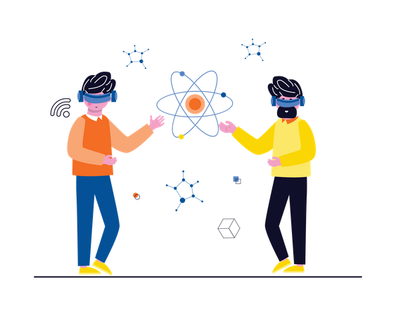 Hommes explorant le monde de la réalité virtuelle  Illustration