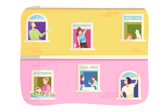 Hommes femmes personnes familles voisins dans leurs propres maisons appartements lors du verrouillage 2019ncov  Illustration