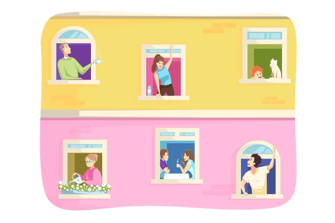 Hommes femmes personnes familles voisins dans leurs propres maisons appartements lors du verrouillage 2019ncov  Illustration