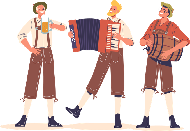 Des hommes vêtus de costumes traditionnels allemands profitent d'un festival traditionnel  Illustration