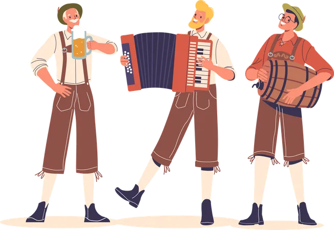 Des hommes vêtus de costumes traditionnels allemands profitent d'un festival traditionnel  Illustration