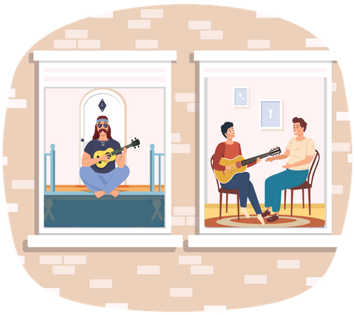 Hommes jouant de la guitare chez eux  Illustration