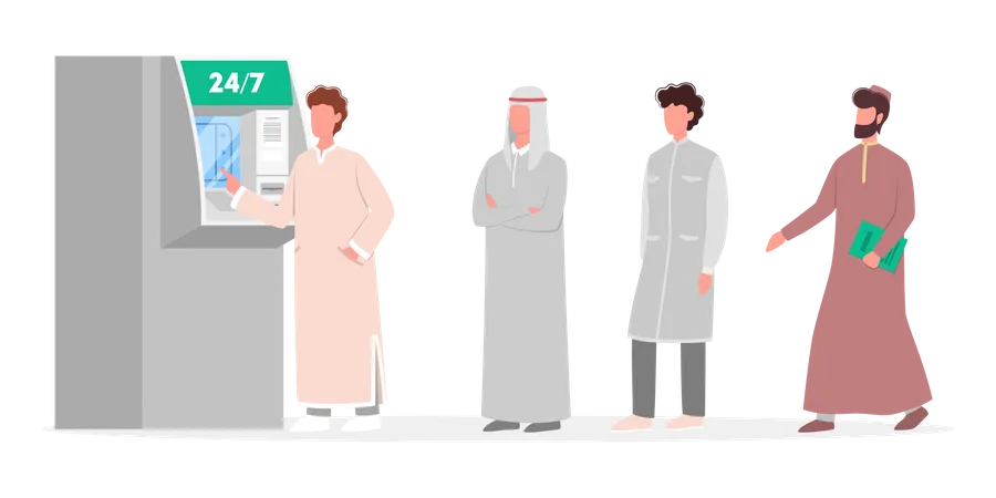Hommes musulmans faisant la queue devant un distributeur automatique  Illustration