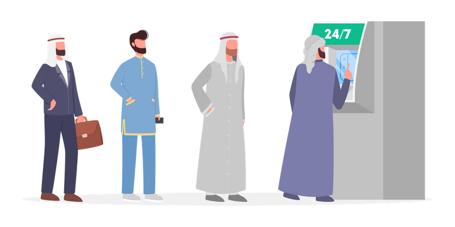 Hommes musulmans faisant la queue au stand ATM  Illustration