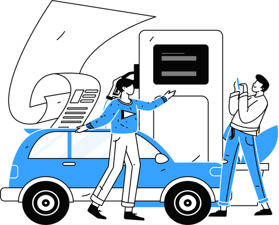 Des hommes paient leurs factures de carburant à la station-service  Illustration