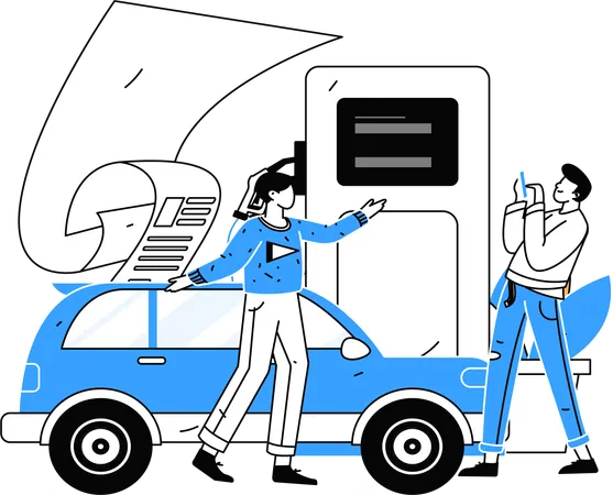 Des hommes paient leurs factures de carburant à la station-service  Illustration