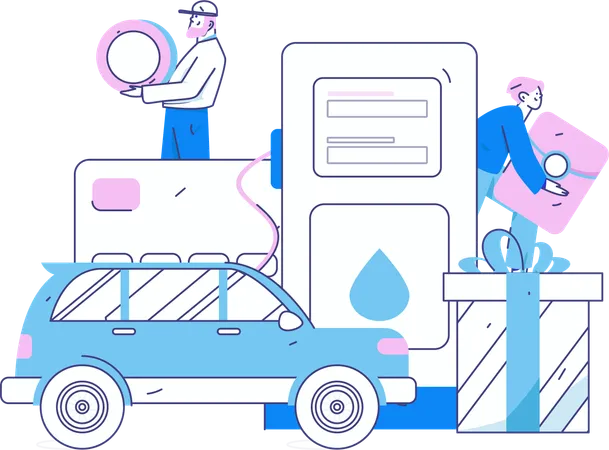 Des hommes paient leurs factures de carburant à la station-service  Illustration