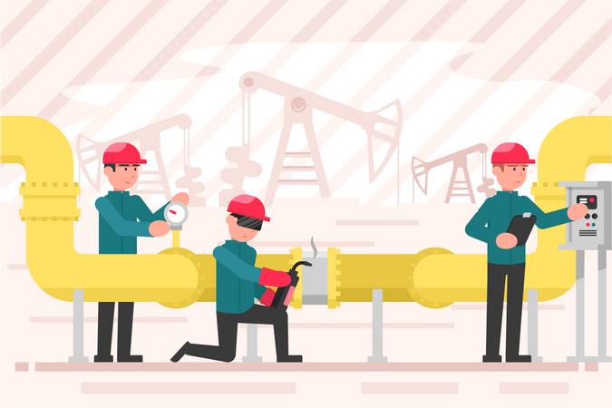 Hommes réparant un pipeline dans l'industrie  Ilustração