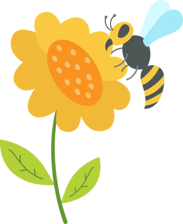 花から蜜を集めるミツバチ  イラスト