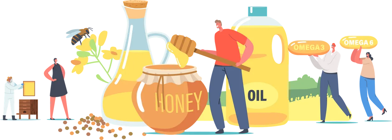 Honey harvester collecting fresh honey and into jar  Illustration