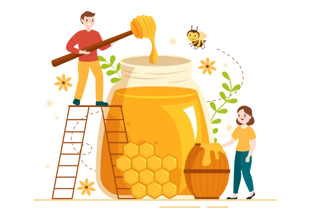 Honey Shop With A Natural Useful Product Jar Bee Or Honeycombs To Be Consumed On Flat Cartoon Hand Drawn Templates Illustration Illustration