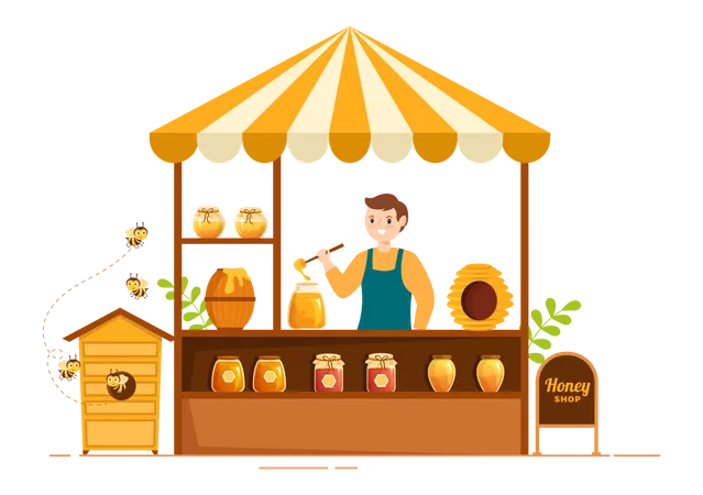 Honey Shop With A Natural Useful Product Jar Bee Or Honeycombs To Be Consumed On Flat Cartoon Hand Drawn Templates Illustration Illustration