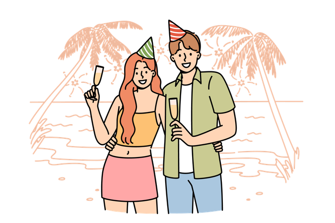 Honeymoon happy couple drinking champagne and standing on beach of sunny resort  イラスト