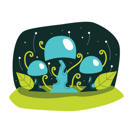 Hongos alienígenas azules con hojas verdes y detalles brillantes  Ilustración