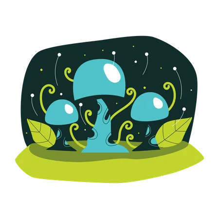 Hongos alienígenas azules con hojas verdes y detalles brillantes  Ilustración