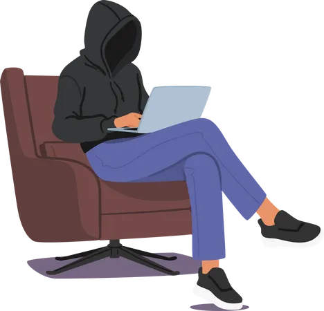 Hooded Figure Typing Fake News On Laptop In Secrecy  Illustration