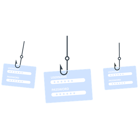 Hooks erfassen Anmeldeinformationen, Benutzernamen und Passwörter. Bedrohung der Cybersicherheit  Illustration