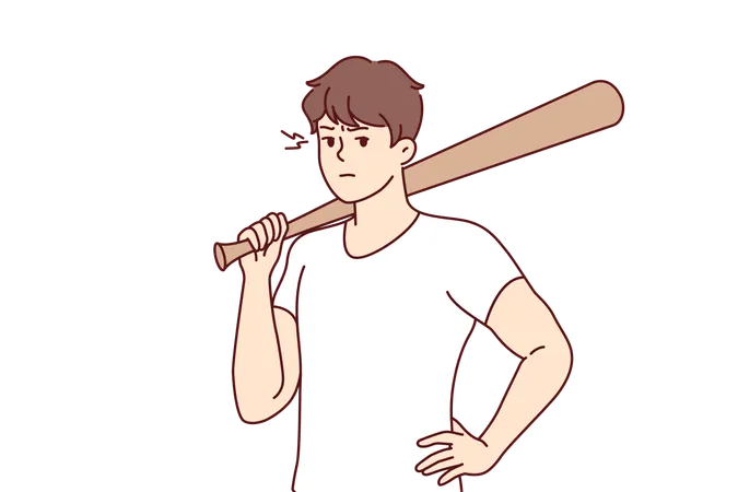 Hooligan Guy With Baseball Bat In Hand Stands With Hand On Belt And Threatens To Beat Up Passerby Male Hooligan Or Gangster Uses Stick To Intimidate People And Extort Or Rob Store Illustration