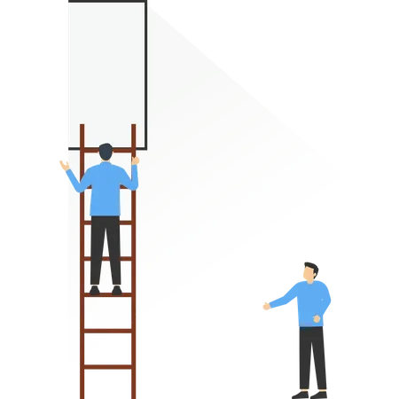 Concept Of Hope To Solve Problems Businessman Climbing Stairs Towards Exit Shining Bright Challenge To Overcome Difficulties Or Courage To Run Away For Freedom Hope To Overcome Fear Concept Illustration