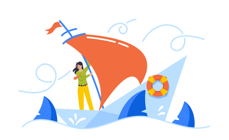Hopeless Businesswoman Drowning In Ocean Illustration