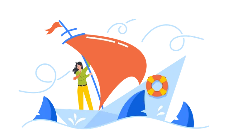 Hopeless Businesswoman Drowning In Ocean Illustration