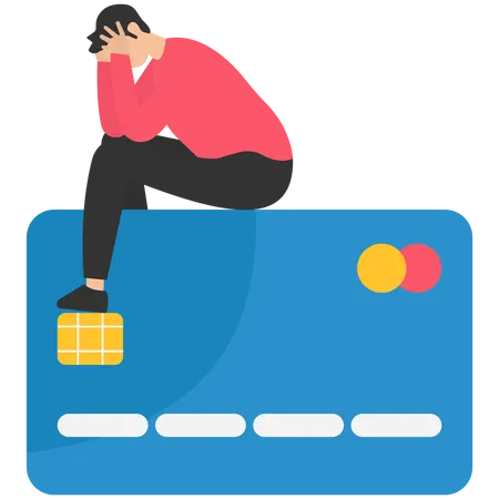 Hopeless man sitting with long list overdue bills on credit card  Illustration