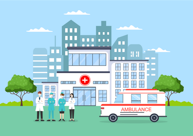 Hôpital municipal avec personnel médical  Illustration
