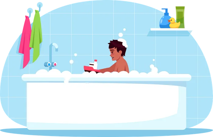 Tempo De Banho De Menino Ilustracao Vetorial De Cor RGB Semi Plana Brincadeira De Bebe Com Brinquedo De Plastico Banho De Espuma Para Crianca Hora Do Banheiro Crianca Masculina Na Banheira Isolada Personagem De Desenho Animado Em Fundo Azul Ilustração