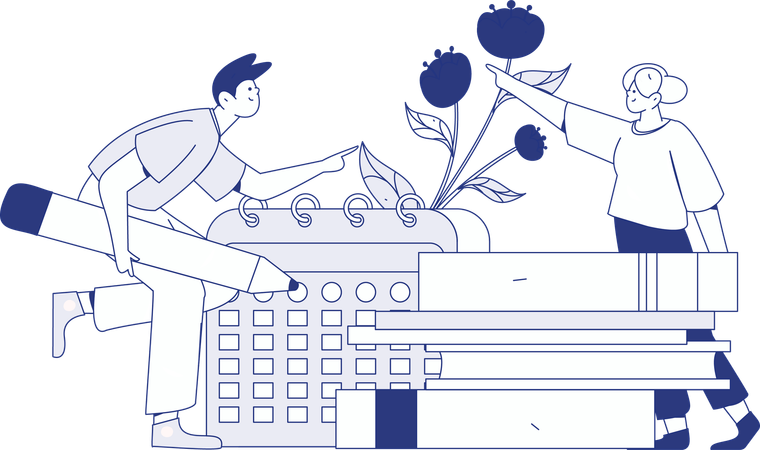 Estudiantes haciendo horario de estudio.  Ilustración