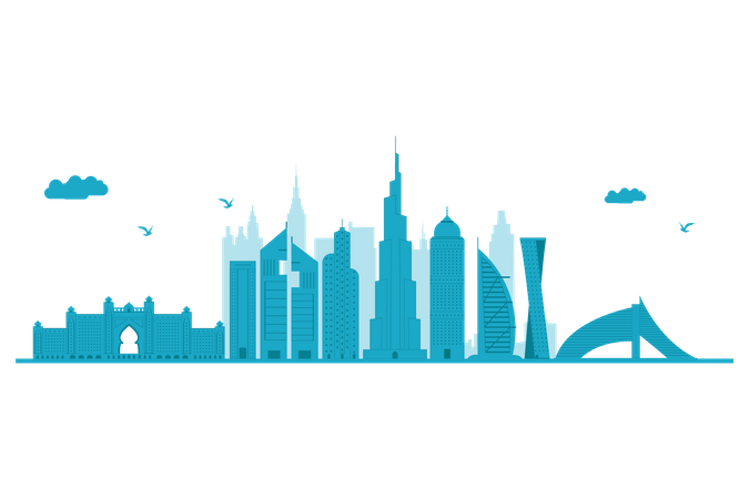 Horizonte de Dubai en silueta azul  Ilustración