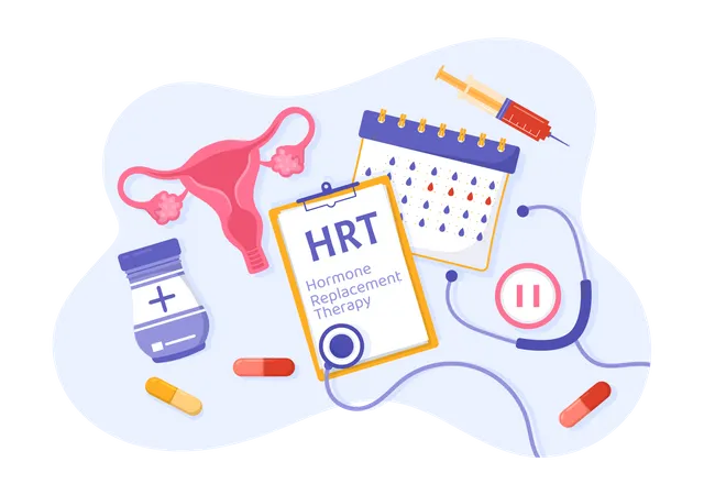 HRT Or Hormone Replacement Therapy Acronym Vector Illustration With Treatment And Hormones Medication In Healthcare Cartoon Hand Drawn Templates 일러스트레이션
