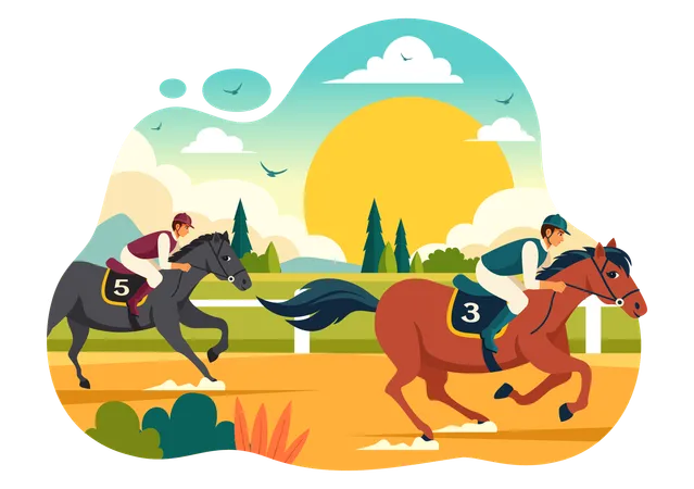 Horse Racing Competition Vector Illustration With Equestrian Performance Sport And Rider Or Jockeys In A Racecourse On Flat Cartoon Background Illustration