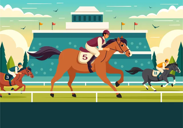 Horse Racing Competition Vector Illustration With Equestrian Performance Sport And Rider Or Jockeys In A Racecourse On Flat Cartoon Background Illustration