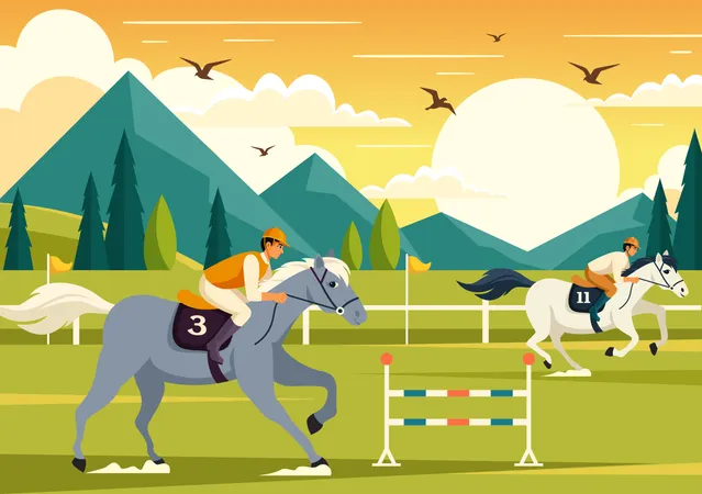 Horse Racing Competition Vector Illustration With Equestrian Performance Sport And Rider Or Jockeys In A Racecourse On Flat Cartoon Background 일러스트레이션