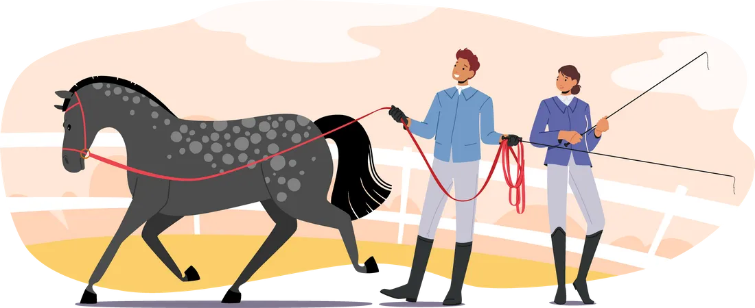 Equestrian Sport Club Horse Training Concept Trainer Characters Wearing Uniform Holding Whip And Harness Of Purebred Stallion Jockey Prepare For Contest Cartoon People Vector Illustration 일러스트레이션