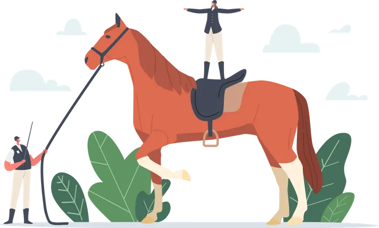 Equestrian Sport Club Horse Training Concept Tiny Trainer Character Wearing Uniform Holding Whip And Harness Of Huge Purebred Stallion With Jockey Stand On Back Cartoon People Vector Illustration 일러스트레이션