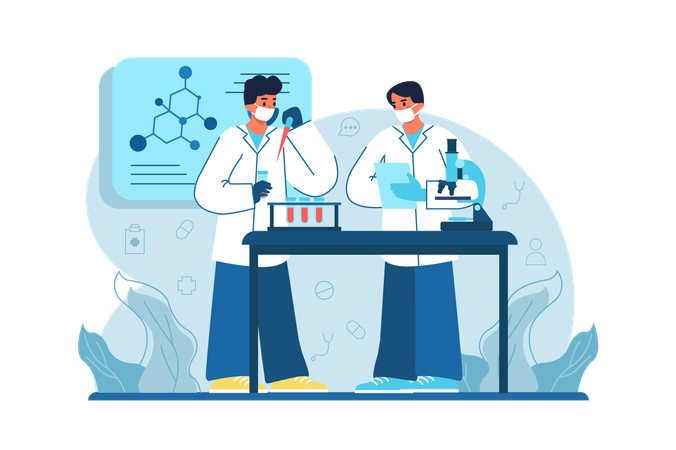 Hospitais pesquisam novos medicamentos em laboratório de química  Ilustração