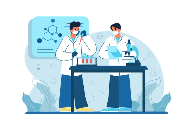 Hospitais pesquisam novos medicamentos em laboratório de química  Ilustração