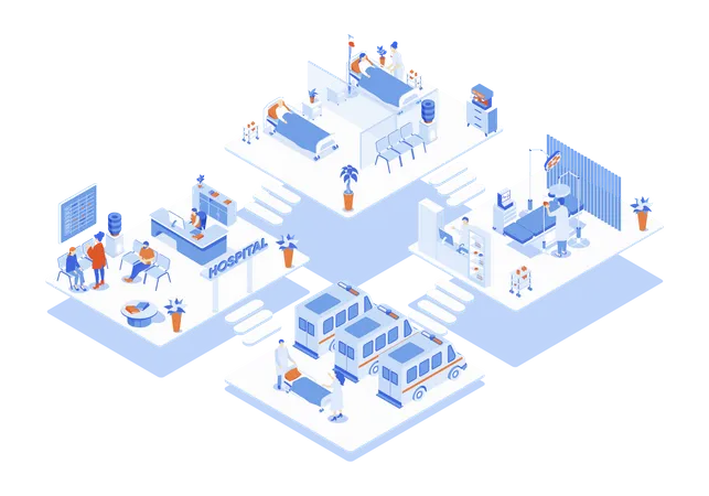 Hospital Concept 3 D Isometric Web Scene With Infographic People Waiting In Reception Doctors Work At Resuscitation And Wards Ambulance Cars Parking Vector Illustration In Isometry Graphic Design Illustration