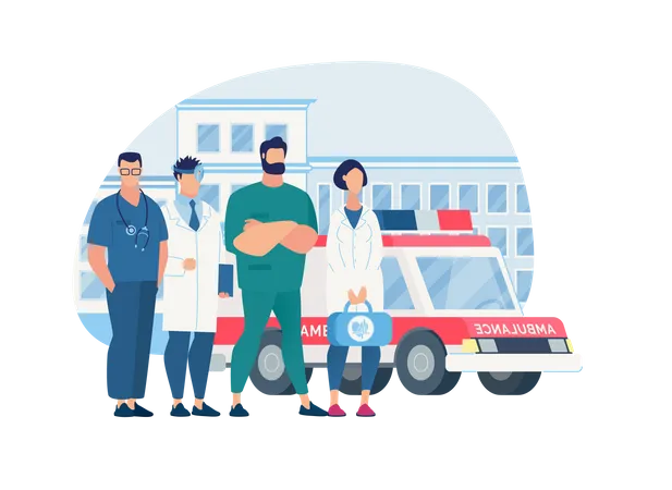 Hospital and medical assistants and ambulance  Illustration