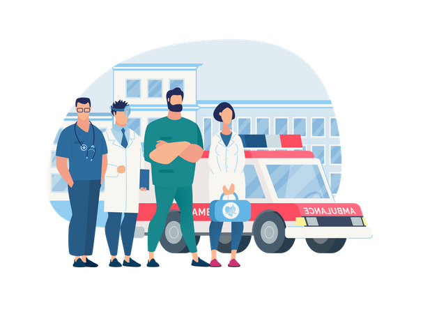 Hospital and medical assistants and ambulance  イラスト