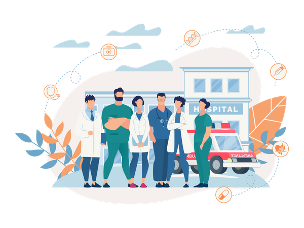 Hospital and medical assistants and ambulance  イラスト
