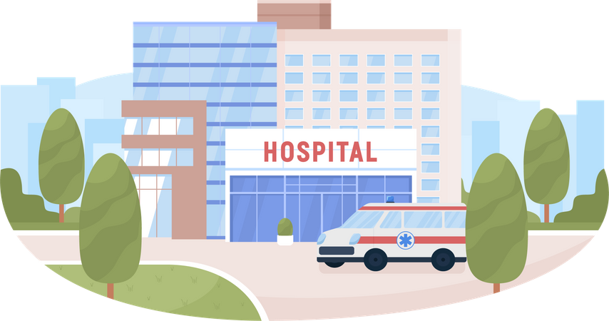 Hospital building and ambulance  Illustration