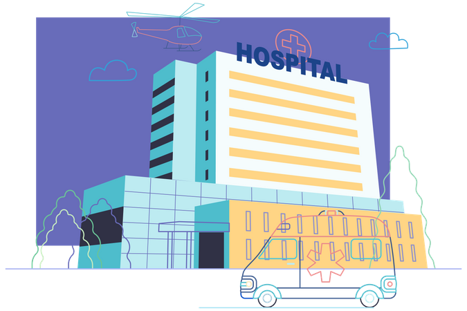 Hospital com veículo de emergência  Ilustração